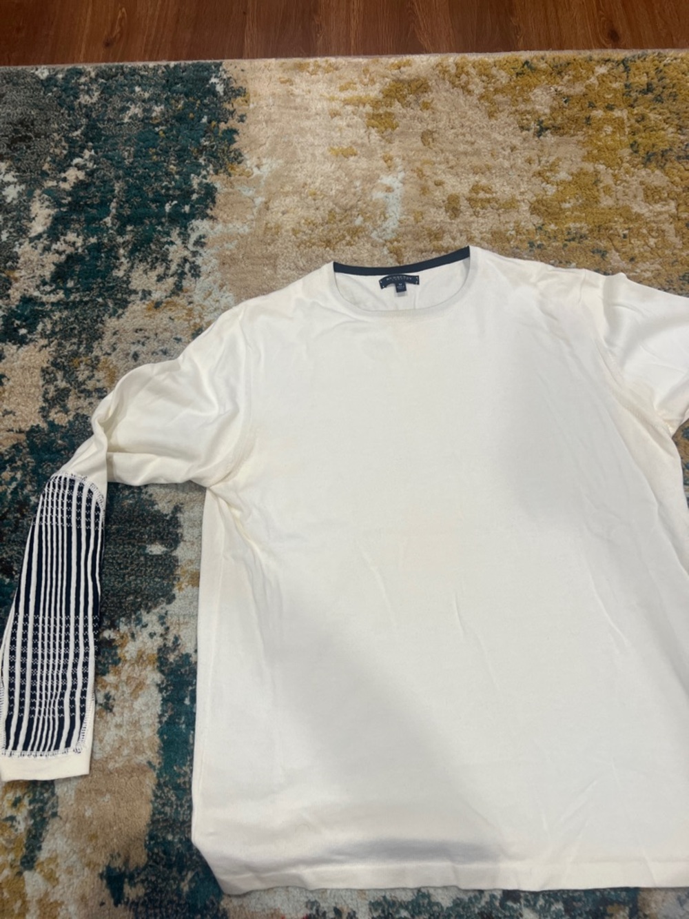 Burberry White Long-Sleeve Tee with Navy Striped Sleeve
